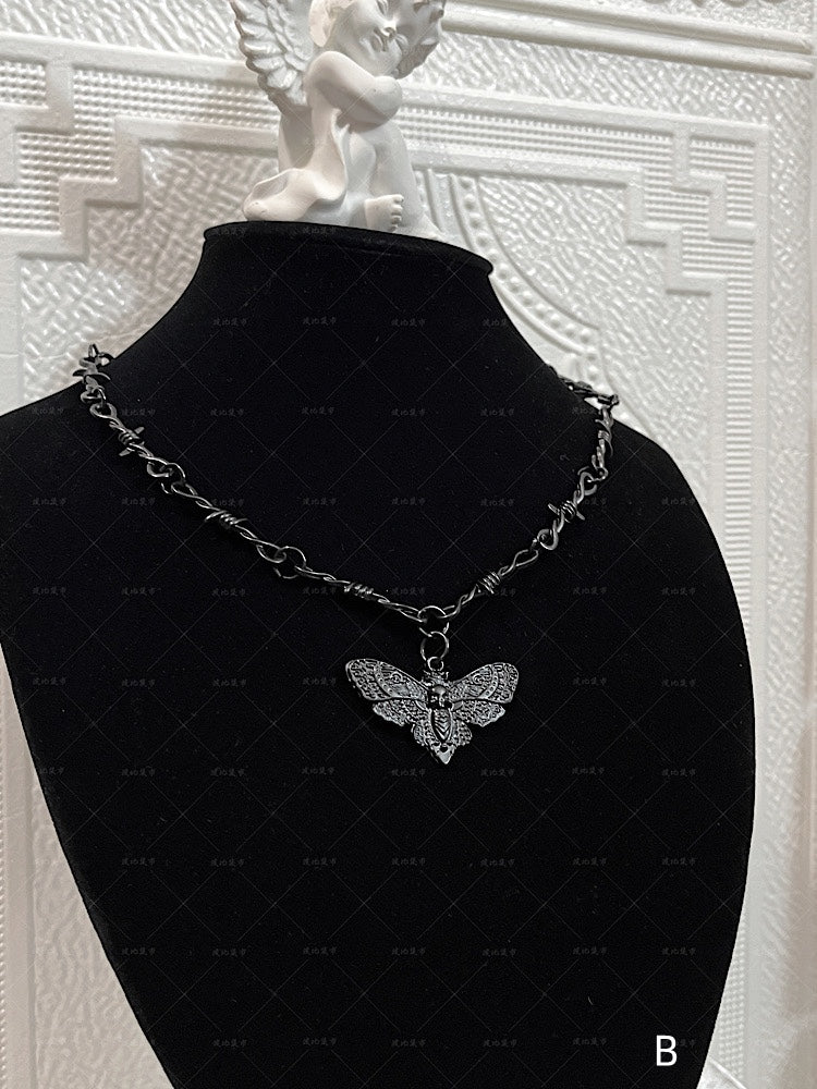 Black Thorn Design Moth / Moon Pendant Necklace