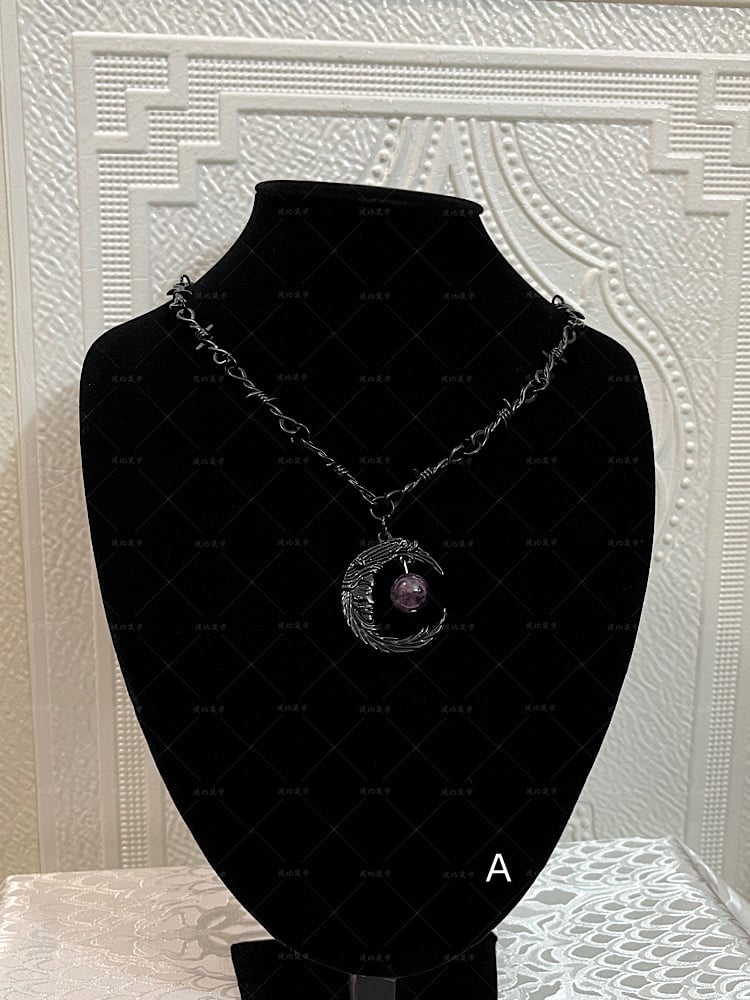 Black Thorn Design Moth / Moon Pendant Necklace