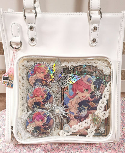 Milk White/Black Square PU Tote Ita Bag