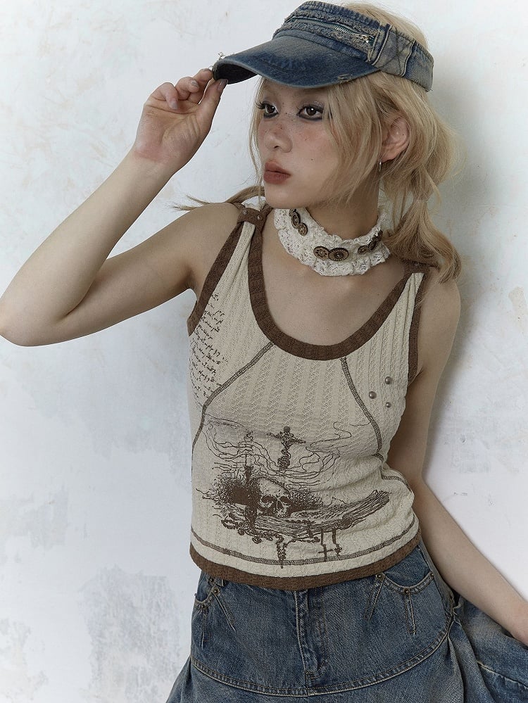 Punk Skull Print Light Brown Knitted Tank Top