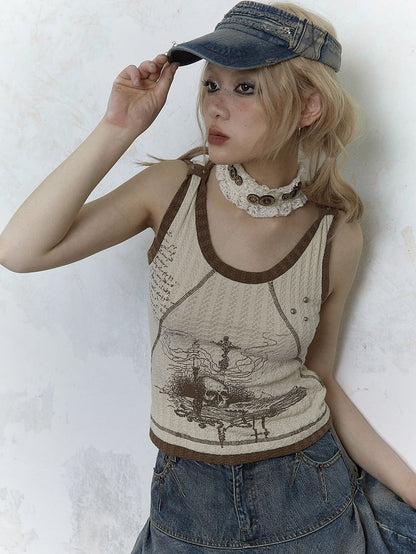 Punk Skull Print Light Brown Knitted Tank Top