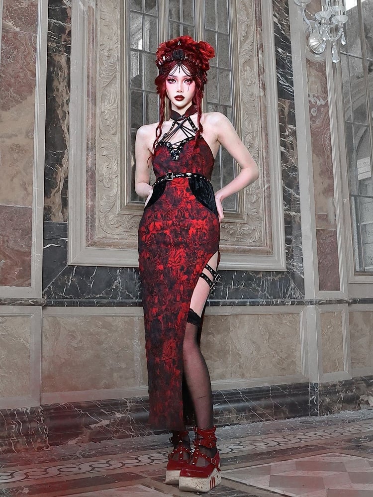 Cheongsam Style Jacquard Qipao Romantic Goth Thigh-high Slit Dress