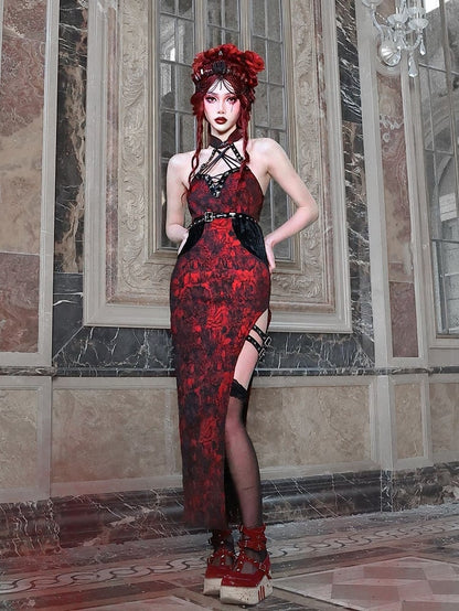 Cheongsam Style Jacquard Qipao Romantic Goth Thigh-high Slit Dress
