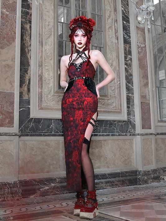Cheongsam Style Jacquard Qipao Romantic Goth Thigh-high Slit Dress