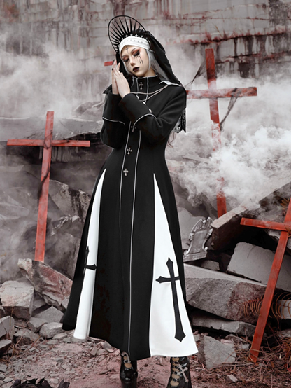 Black and White High Neck Metal Cross Decorated Gothic Woolen Coat