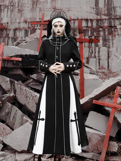 Black and White High Neck Metal Cross Decorated Gothic Woolen Coat