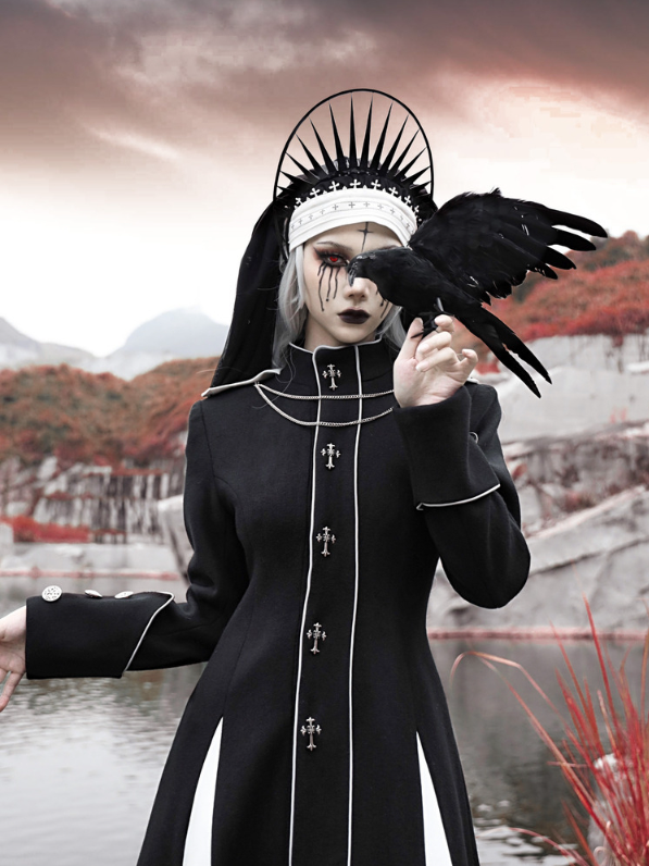 Black and White High Neck Metal Cross Decorated Gothic Woolen Coat