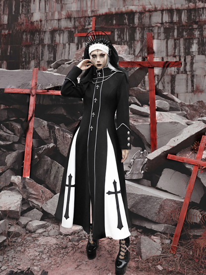 Black and White High Neck Metal Cross Decorated Gothic Woolen Coat