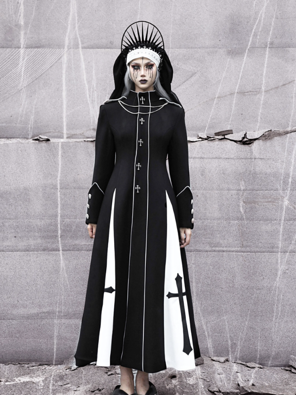 Black and White High Neck Metal Cross Decorated Gothic Woolen Coat