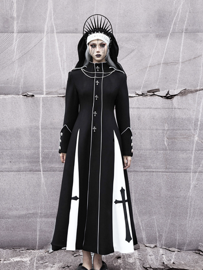 Black and White High Neck Metal Cross Decorated Gothic Woolen Coat