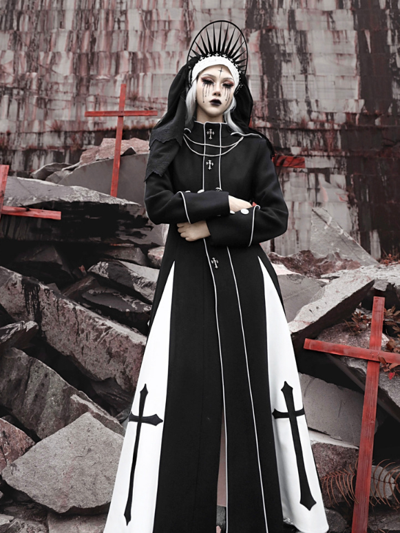 Black and White High Neck Metal Cross Decorated Gothic Woolen Coat