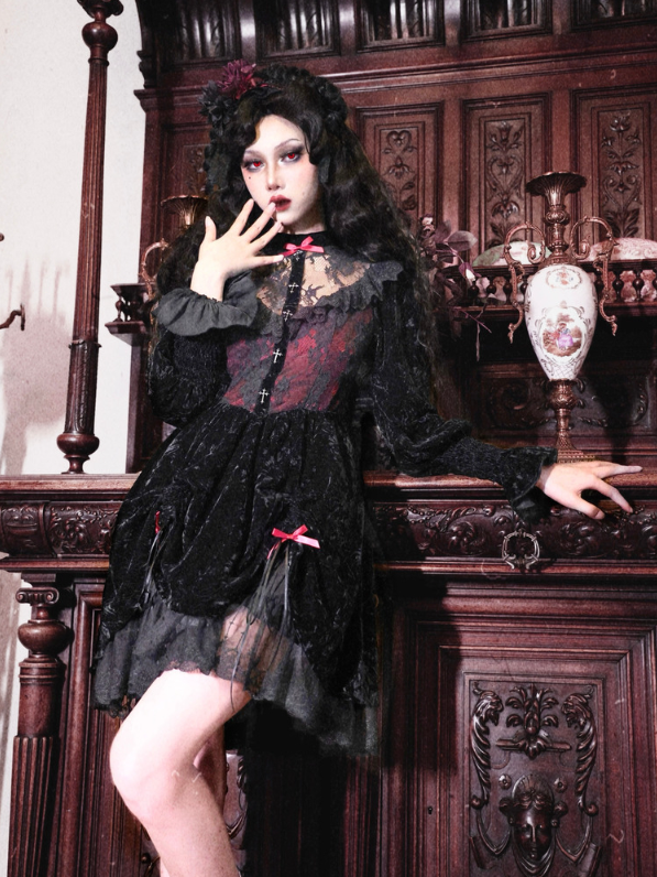 Rose Cemetery Lace Patches Bodice Drawstring Hem Dress