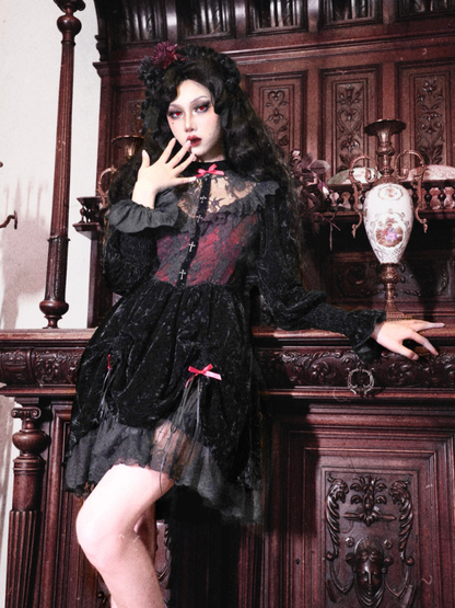 Rose Cemetery Lace Patches Bodice Drawstring Hem Dress