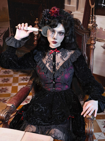 Rose Cemetery Lace Patches Bodice Drawstring Hem Dress