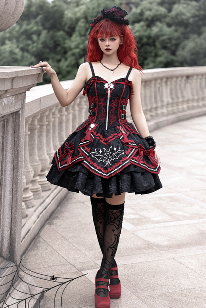 Black and Red Bat and Cross Embroidery Gothic Lolita JSK Zip Front and Buckle Side