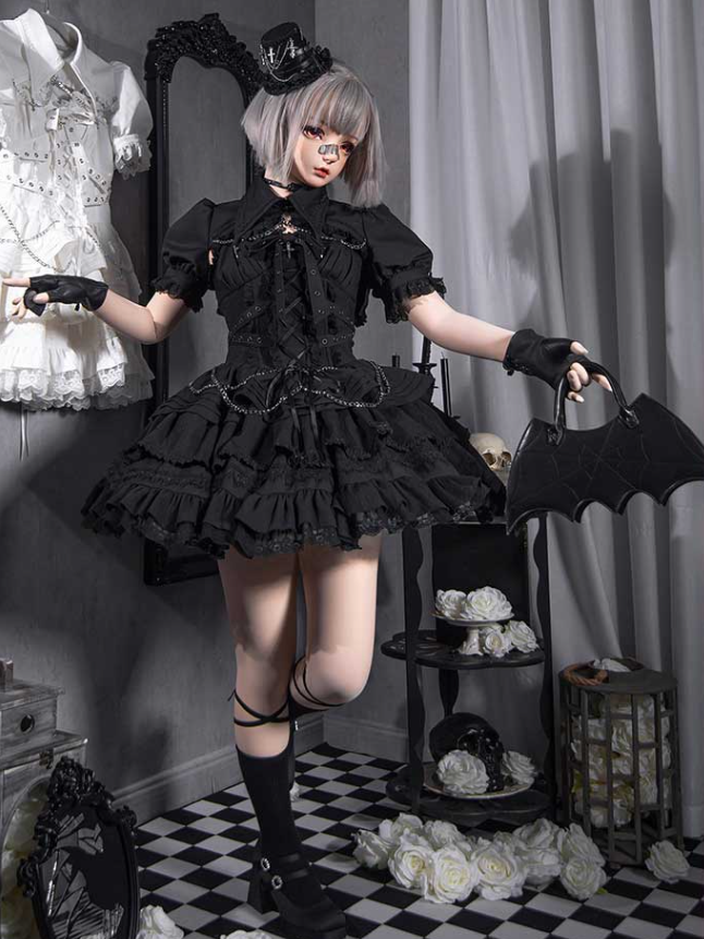 Clearance-Size M for Bust 96CM Black Gothic Chain Details Bolero