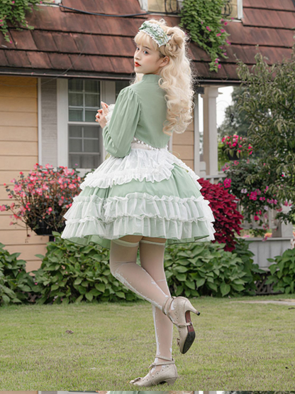 Plus Size Friendly Spring Sweet Basil Green Jumper Skirt Short Version Lace-up Detail Ruffle Drawstring Hem