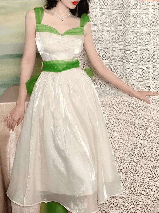 Clearance - Size M for Bust 88CM Sweetheart Neckline Light Apricot Vintage Slip Dress with Detachable Green Waist Tulle