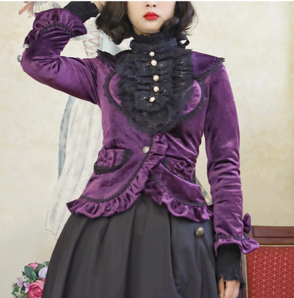 Dark Purple Lace-up Detail Velvet Jacket and Black Vintage Victorian Skirt Set