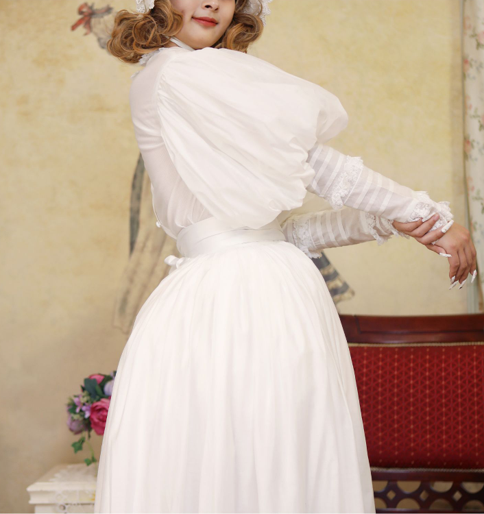 White High Neck Leg-of-Mutton Sleeves Vintage Lace Blouse