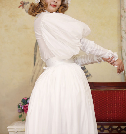 White High Neck Leg-of-Mutton Sleeves Vintage Lace Blouse