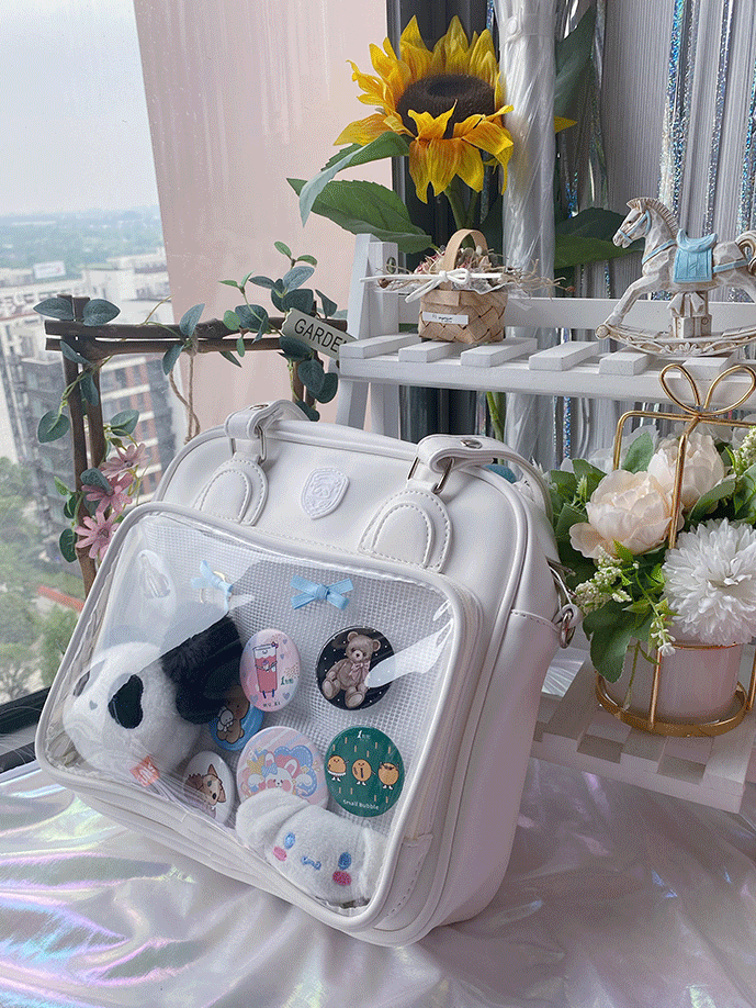 Bear Ears Design White/Wine Red/Silver PU Square Ita Bag