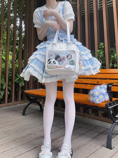 Bear Ears Design White/Wine Red/Silver PU Square Ita Bag