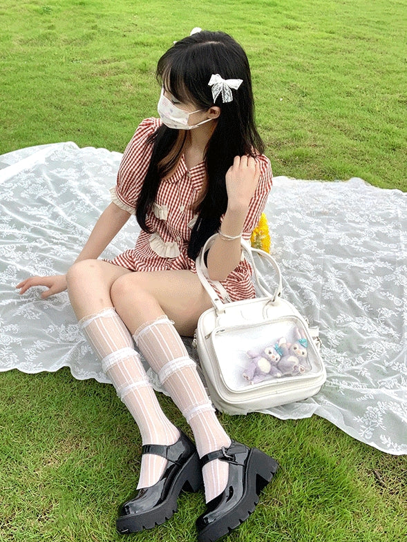 Bear Ears Design White/Wine Red/Silver PU Square Ita Bag