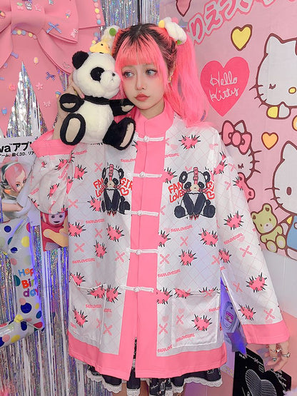 White/Black Panda Print Knot Buttons Banded Collar Jacket