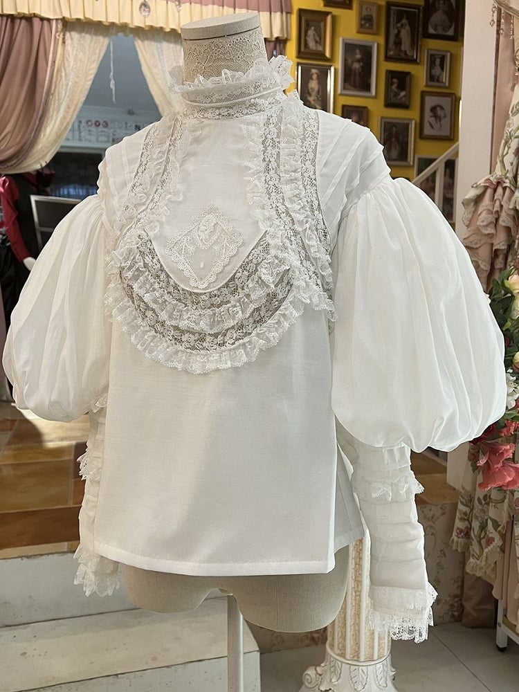 White High Neck Leg-of-Mutton Sleeves Vintage Lace Blouse
