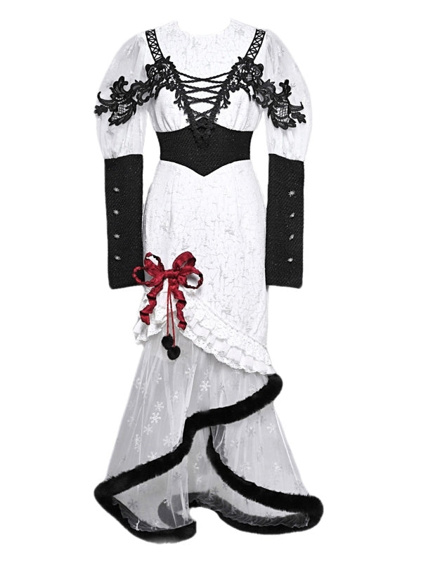 Gothic Christmas Dress Snowflake Print Mermaid Skirt with Plush Hem
