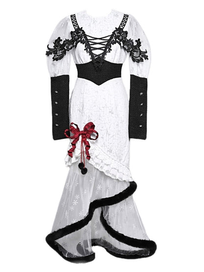 Gothic Christmas Dress Snowflake Print Mermaid Skirt with Plush Hem