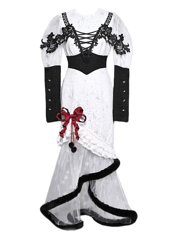 Gothic Christmas Dress Snowflake Print Mermaid Skirt with Plush Hem