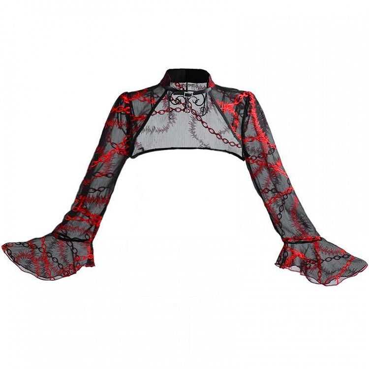 Romantic Goth Vampire Black Cropped Top with Chain Embroidery Bell Sleeves