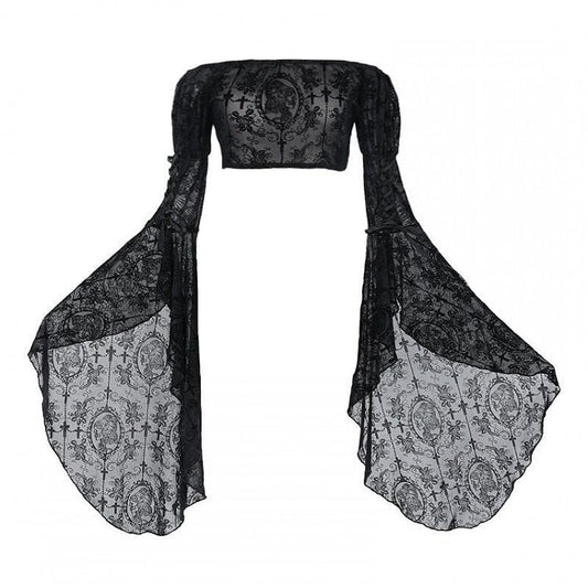 Cross Romantic Goth Top Black Lace Flounce Sleeves Cropped Top