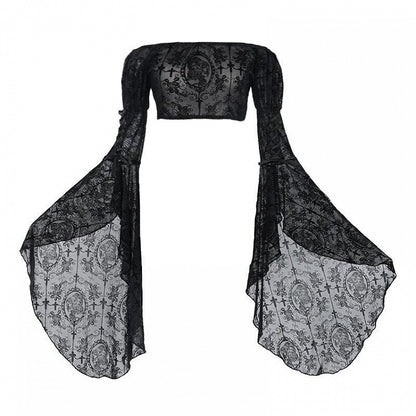 Cross Romantic Goth Top Black Lace Flounce Sleeves Cropped Top