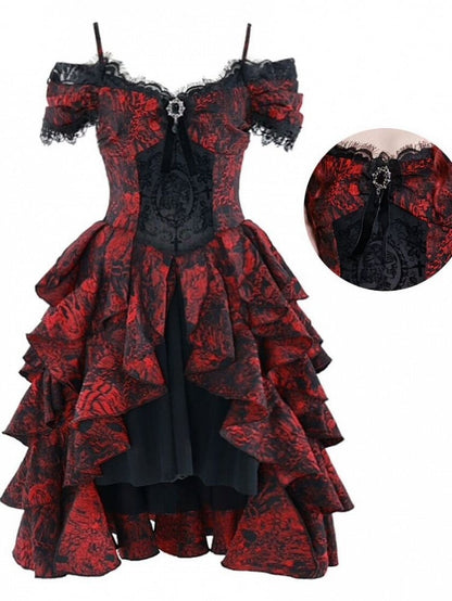 Romantic Goth Dress Cascading Ruffle Trim Wine Red and Black Vampire Dress