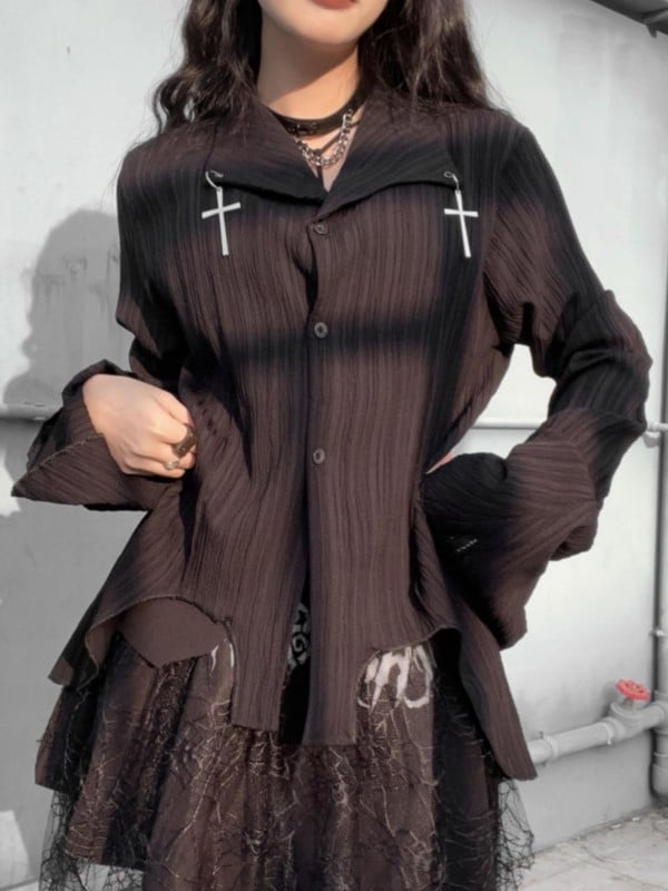 Cross Decorative Irregular Hem Punk Black Shirt