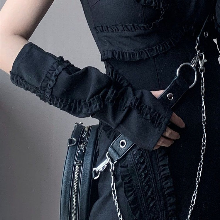 Black/White/Red Sleeves Ruffle Trim Cross Design