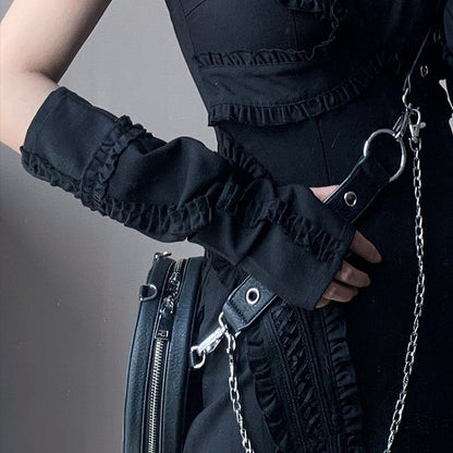 Black/White/Red Sleeves Ruffle Trim Cross Design