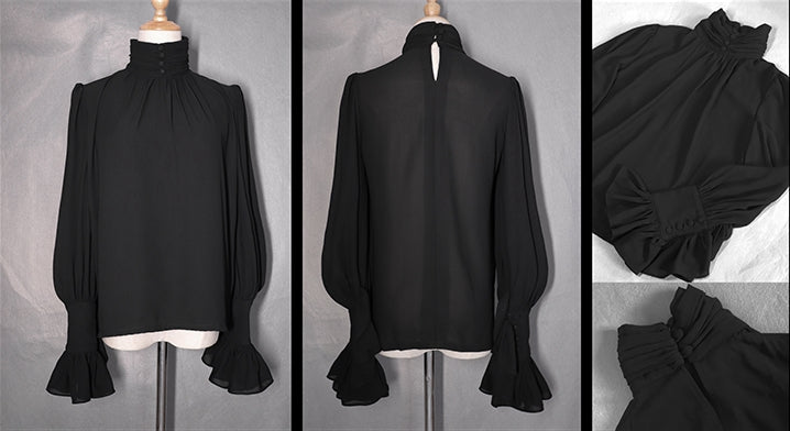 Black Flounce Cuffs Vintage Blouse Bishop Sleeves