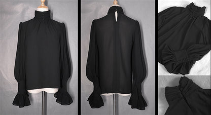 Black Flounce Cuffs Vintage Blouse Bishop Sleeves