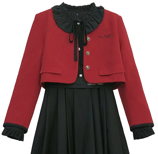 Floral Embroidery Red Tweed Jacket