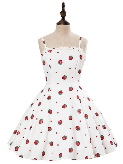 Summer Strawberry and Polka Dots Print Sun Dress White Sweet Lolita JSK