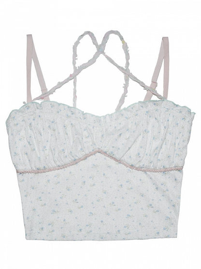 Pink/Blue Floral Print White Cami Top Ruffle Trim