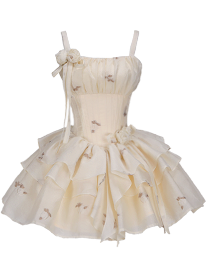 Light Yellow Floral Pattern Boned Bodice Jumper Skirt with Rosette Brooches Short Version