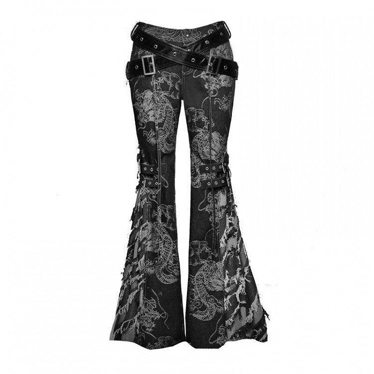 Straps Studs and Tassels Fringe Black Flared Jeans Dragon Pattern Coachella Outfits