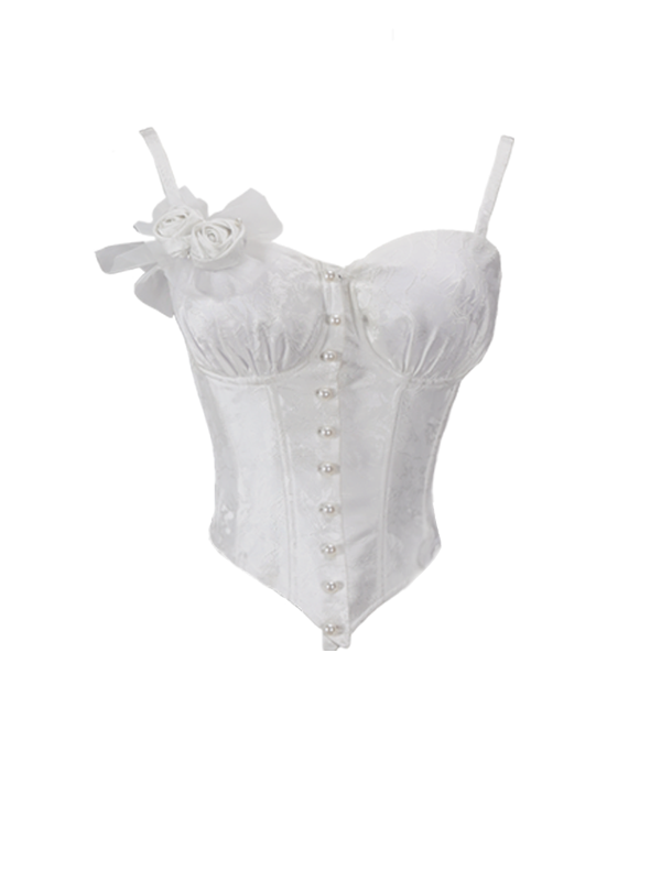 White Boned Corset Top with Underwire Cups Rosettes Brooch