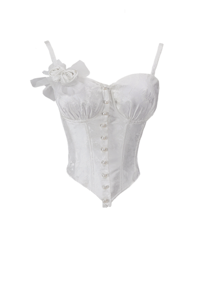 White Boned Corset Top with Underwire Cups Rosettes Brooch