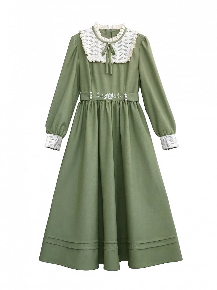 Floral Embroidery Green Vintage Dress Ruffle Neckline Puff Sleeves
